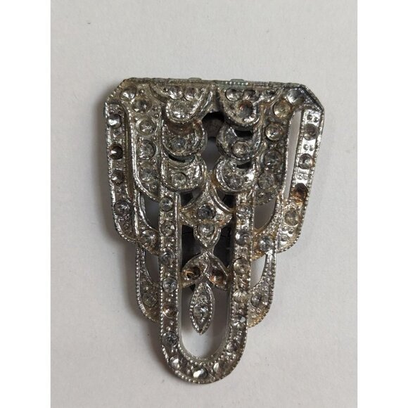 Vintage Rhodium Plate Pave Rhinestone Art Deco Fur Clip Missing Some Stones 1.5" - Picture 3 of 6
